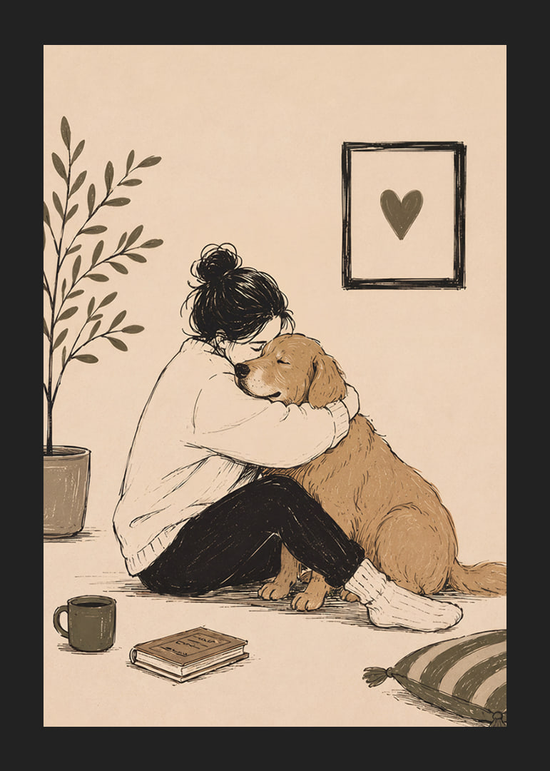 En varm illustration av en person som kramar sin golden retriever hemma.-12