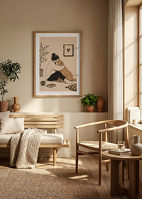 En varm illustration av en person som kramar sin golden retriever hemma.-8