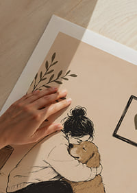 En varm illustration av en person som kramar sin golden retriever hemma.-9
