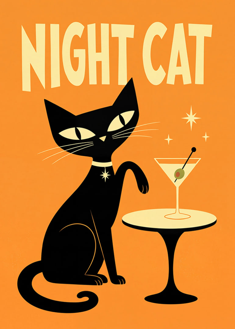 En svart katt och en martini skapar en lekfull nattlig retrokänsla.-12