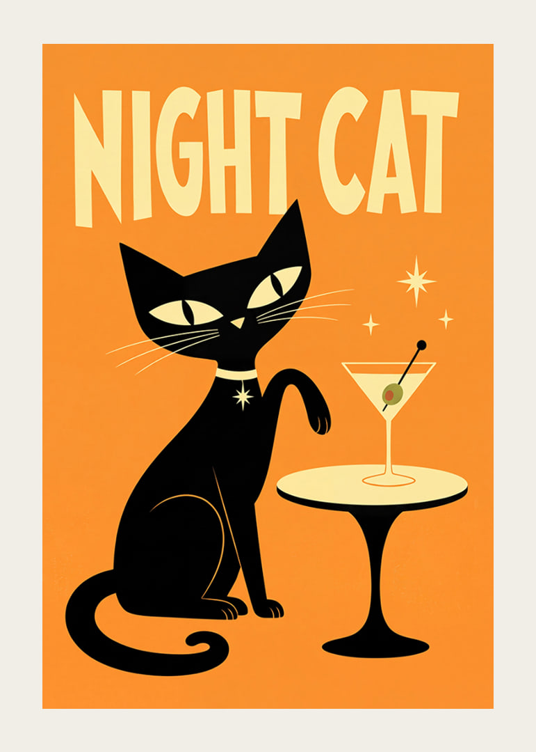 En svart katt och en martini skapar en lekfull nattlig retrokänsla.-12