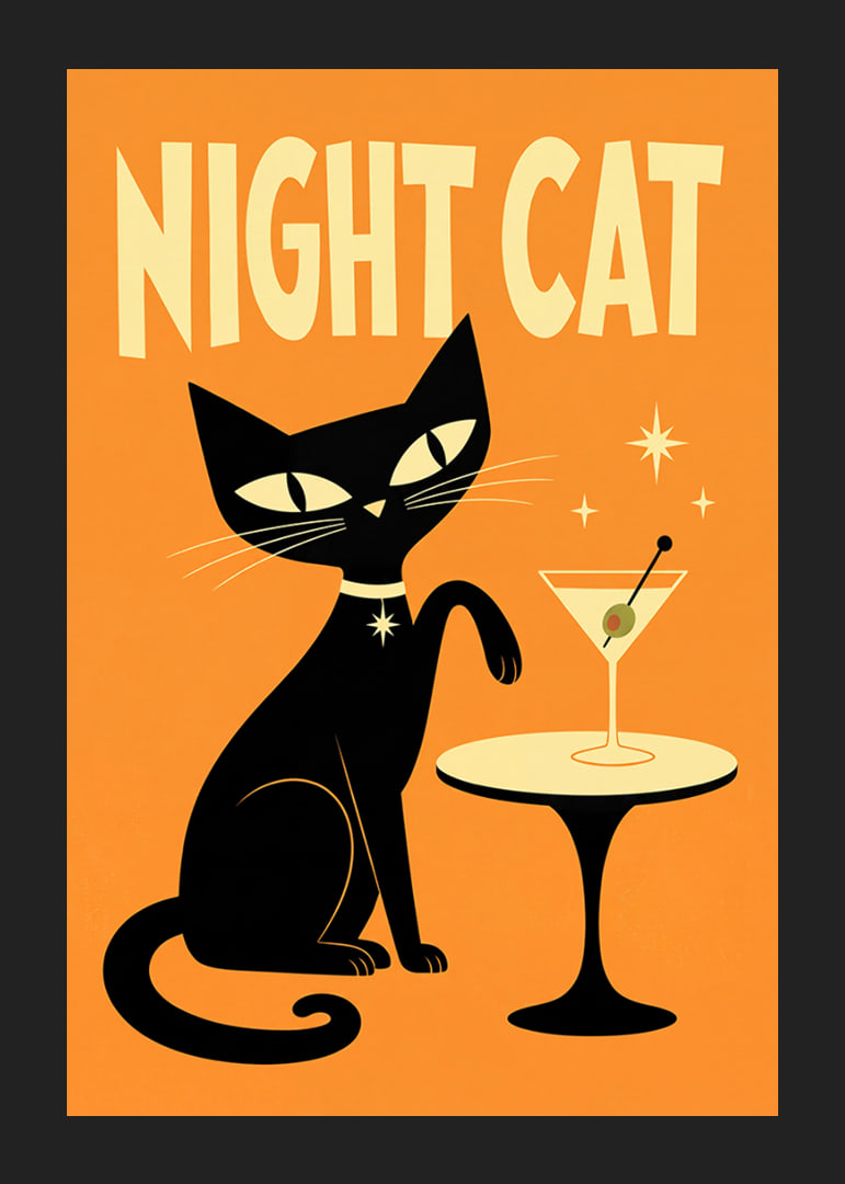 En svart katt och en martini skapar en lekfull nattlig retrokänsla.-12