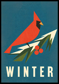 Un cardenal rojo gráfico sobre una ramita nevada en una paleta de colores invernales que evocan una atmósfera especial.-6