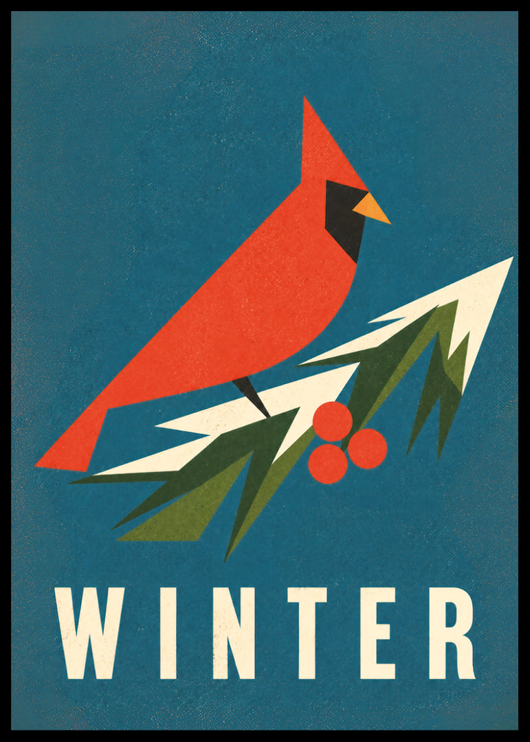Un cardenal rojo gráfico sobre una ramita nevada en una paleta de colores invernales que evocan una atmósfera especial.-12