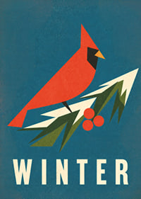 Un cardenal rojo gráfico sobre una ramita nevada en una paleta de colores invernales que evocan una atmósfera especial.-7