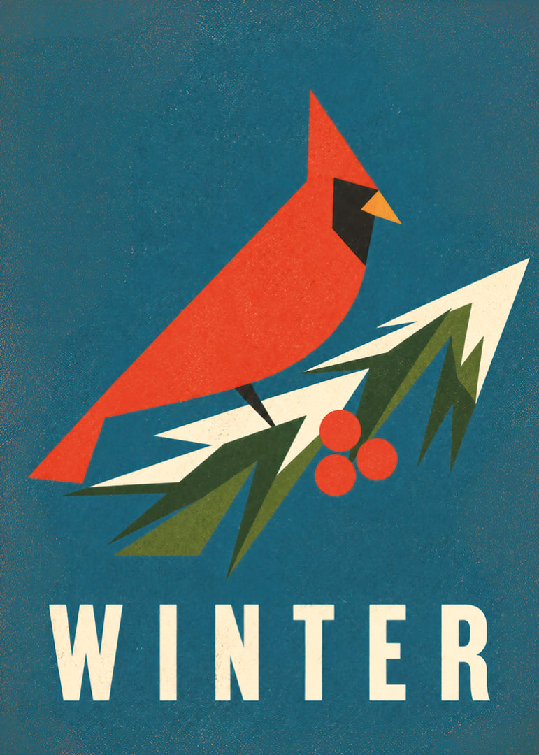 Un cardenal rojo gráfico sobre una ramita nevada en una paleta de colores invernales que evocan una atmósfera especial.-12
