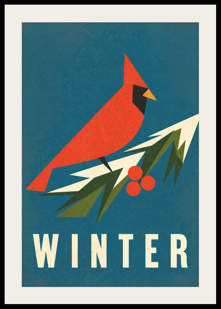 Un cardenal rojo gráfico sobre una ramita nevada en una paleta de colores invernales que evocan una atmósfera especial.-12