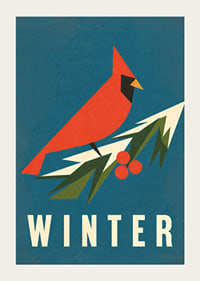 Un cardenal rojo gráfico sobre una ramita nevada en una paleta de colores invernales que evocan una atmósfera especial.-3