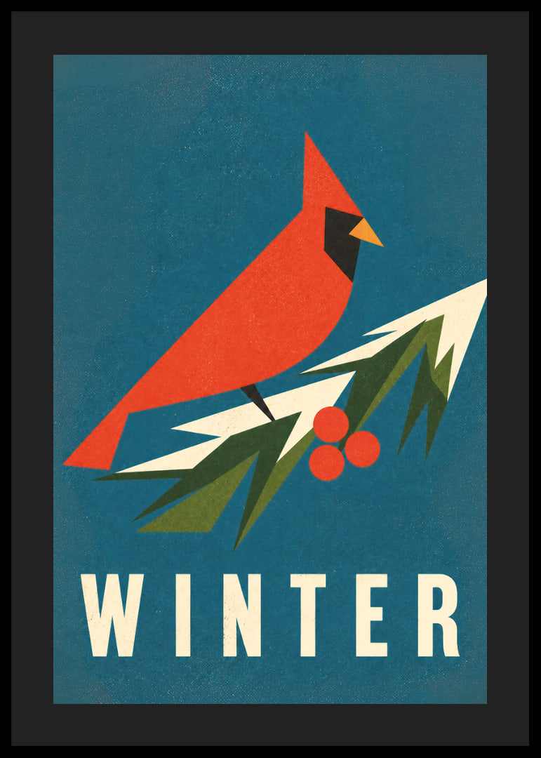 Un cardenal rojo gráfico sobre una ramita nevada en una paleta de colores invernales que evocan una atmósfera especial.-12