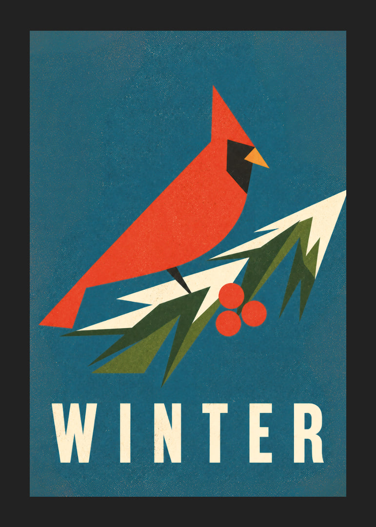Un cardenal rojo gráfico sobre una ramita nevada en una paleta de colores invernales que evocan una atmósfera especial.-12