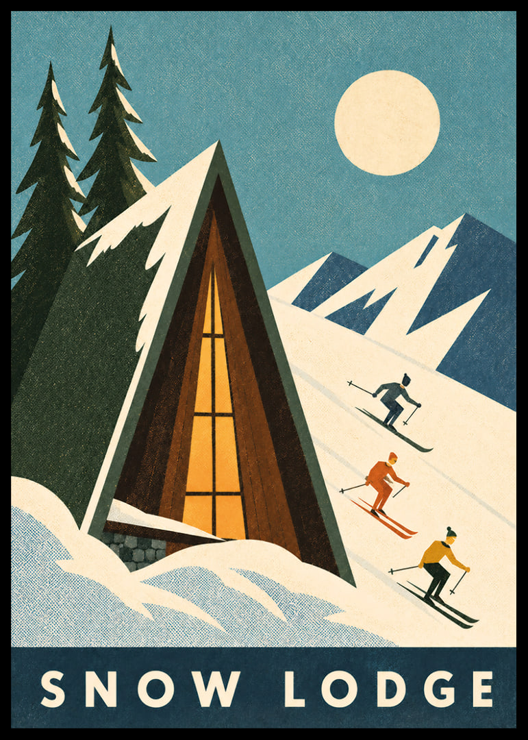 Esquí de inspiración retro en una acogedora cabaña de montaña a la luz de la luna.-12