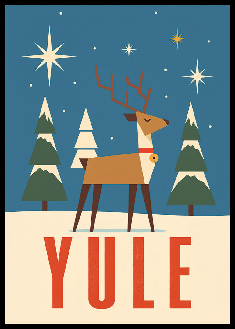 Cartel navideño gráfico con renos, estrellas y abetos cubiertos de nieve en color azul invernal.-12