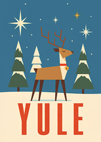 Cartel navideño gráfico con renos, estrellas y abetos cubiertos de nieve en color azul invernal.-7
