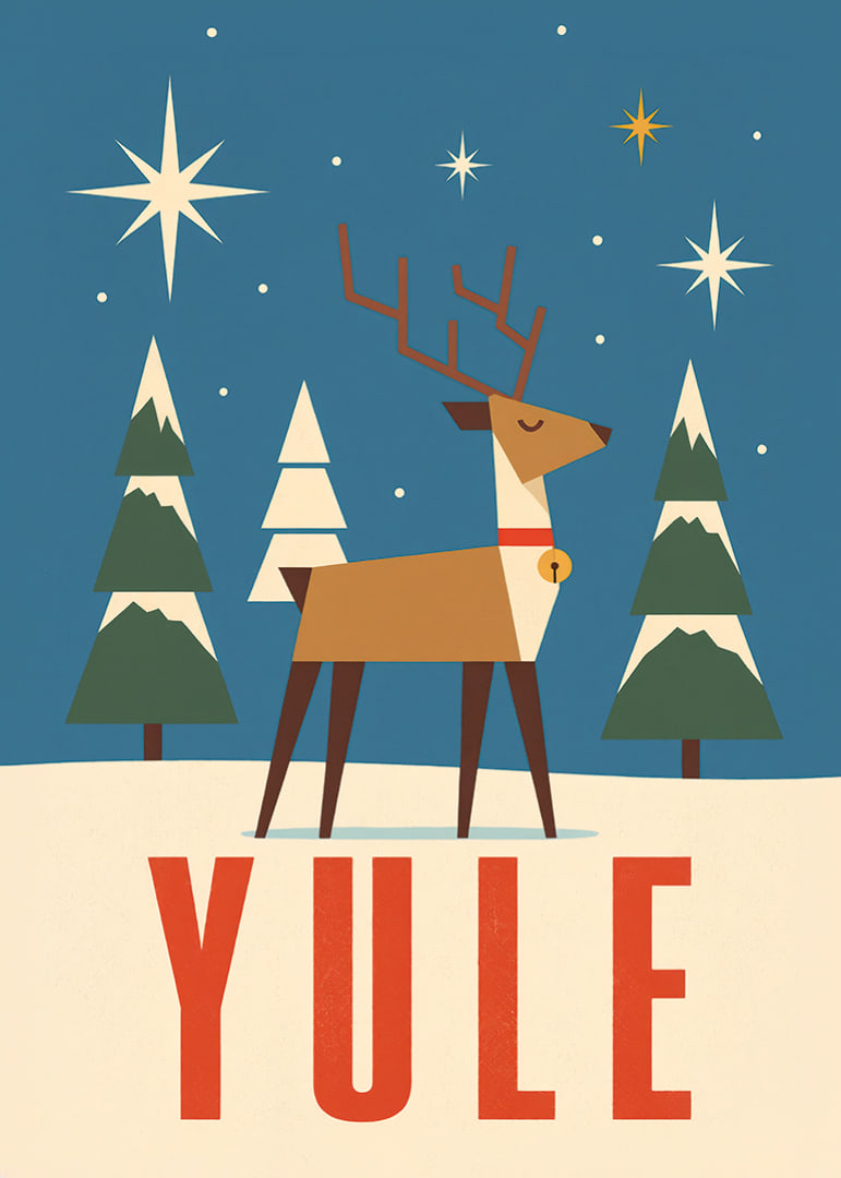 Cartel navideño gráfico con renos, estrellas y abetos cubiertos de nieve en color azul invernal.-12