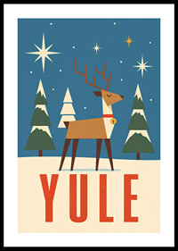 Cartel navideño gráfico con renos, estrellas y abetos cubiertos de nieve en color azul invernal.-0
