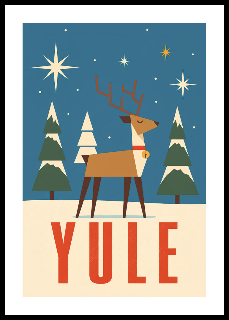 Cartel navideño gráfico con renos, estrellas y abetos cubiertos de nieve en color azul invernal.-12