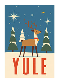 Cartel navideño gráfico con renos, estrellas y abetos cubiertos de nieve en color azul invernal.-1
