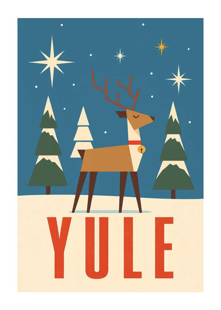 Cartel navideño gráfico con renos, estrellas y abetos cubiertos de nieve en color azul invernal.-12
