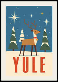 Cartel navideño gráfico con renos, estrellas y abetos cubiertos de nieve en color azul invernal.-2
