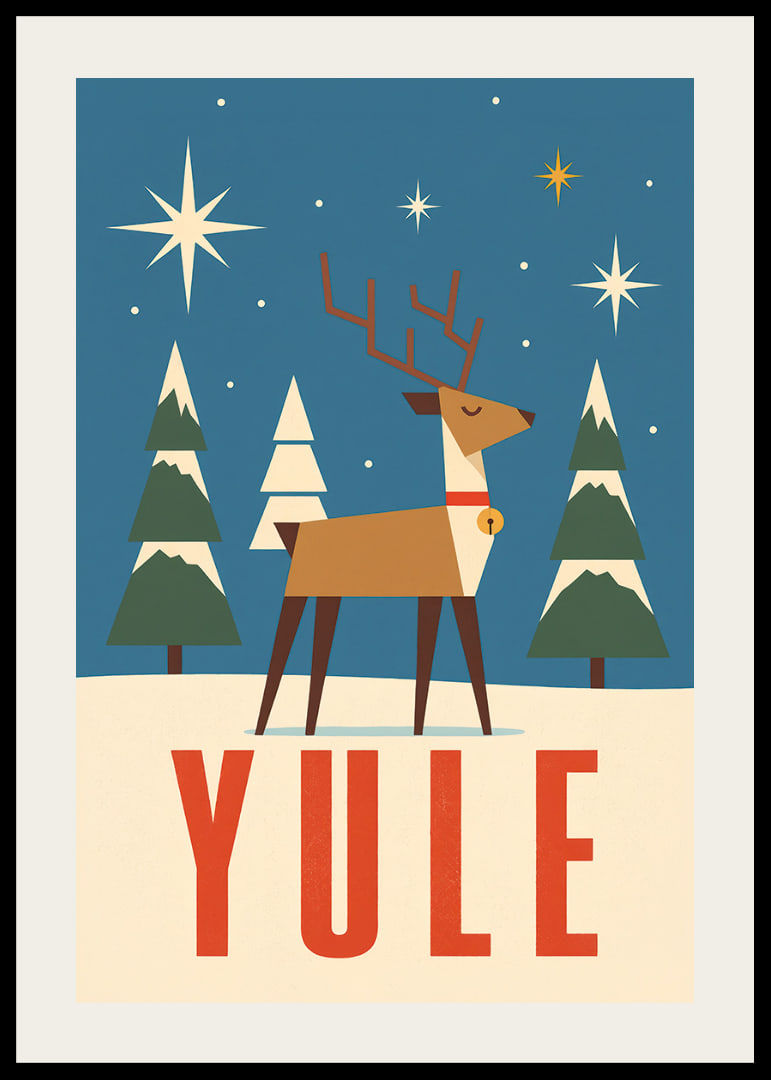Cartel navideño gráfico con renos, estrellas y abetos cubiertos de nieve en color azul invernal.-12