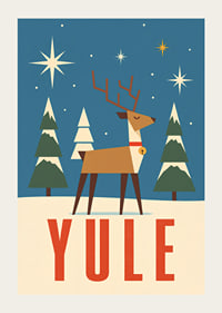 Cartel navideño gráfico con renos, estrellas y abetos cubiertos de nieve en color azul invernal.-3