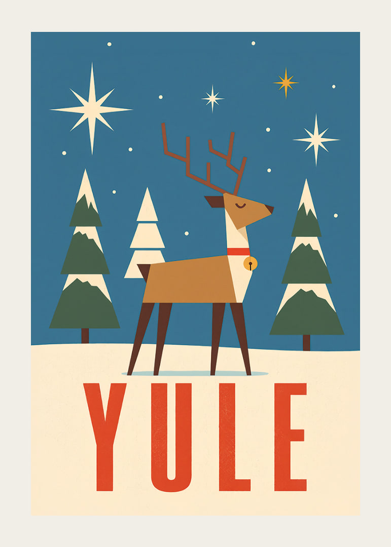 Cartel navideño gráfico con renos, estrellas y abetos cubiertos de nieve en color azul invernal.-12