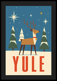 Cartel navideño gráfico con renos, estrellas y abetos cubiertos de nieve en color azul invernal.-4