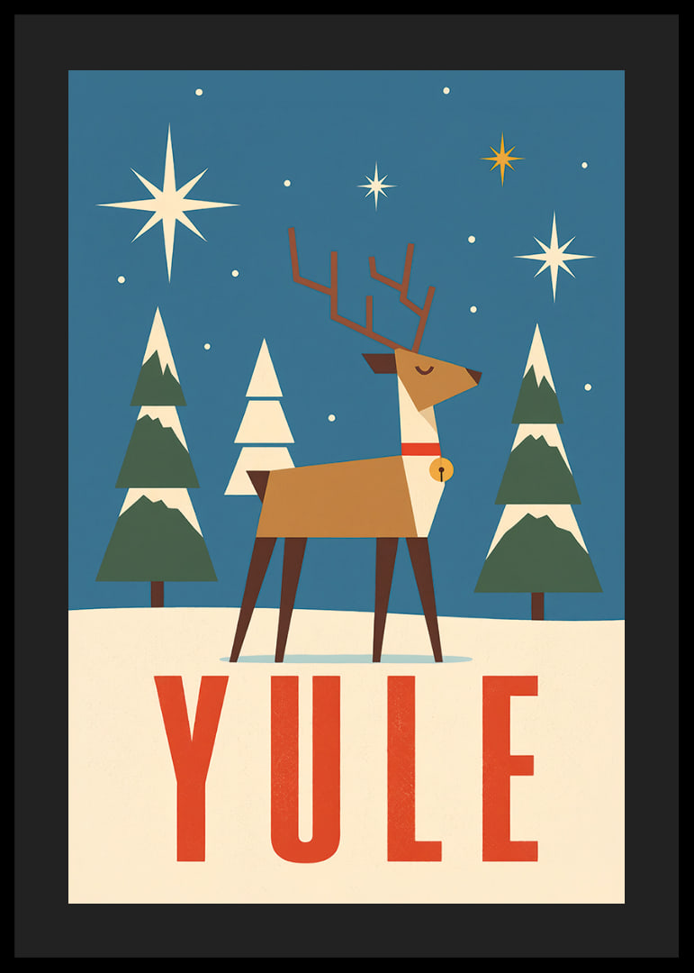 Cartel navideño gráfico con renos, estrellas y abetos cubiertos de nieve en color azul invernal.-12