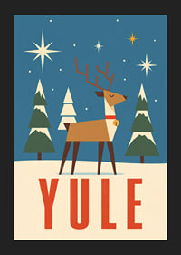 Cartel navideño gráfico con renos, estrellas y abetos cubiertos de nieve en color azul invernal.-5