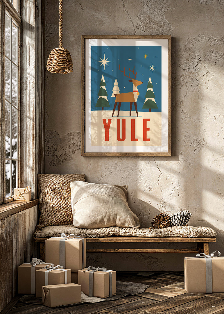Cartel navideño gráfico con renos, estrellas y abetos cubiertos de nieve en color azul invernal.-12