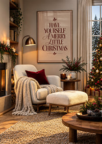 Cartel navideño clásico con tipografía color burdeos y ramitas de acebo sobre un fondo cálido color crema.-2