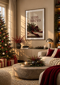 Ambiente navideño clásico con ramas de abeto, lazo de terciopelo y cálidos detalles en rojo.-8
