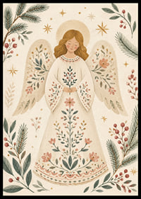 Un ángel sereno con un vestido de flores está rodeado de ramas de abeto, bayas y estrellas doradas.-6