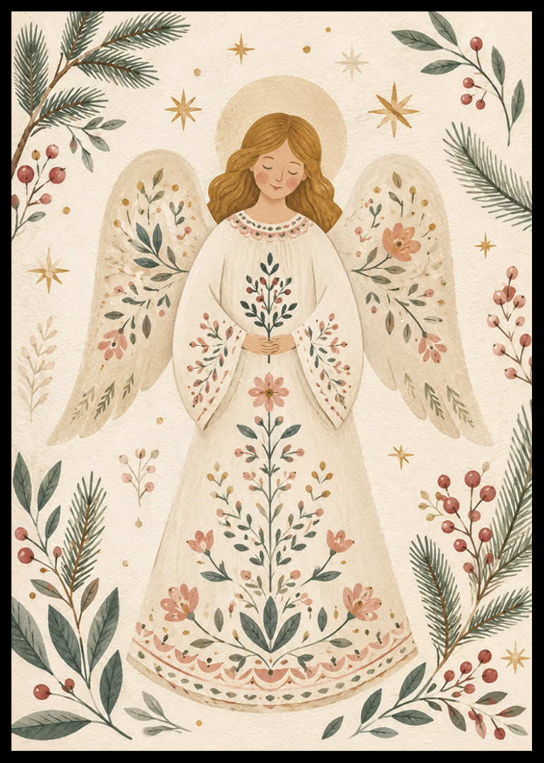 Un ángel sereno con un vestido de flores está rodeado de ramas de abeto, bayas y estrellas doradas.-12