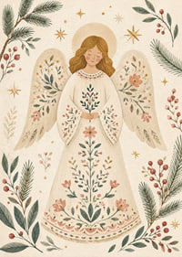 Un ángel sereno con un vestido de flores está rodeado de ramas de abeto, bayas y estrellas doradas.-7