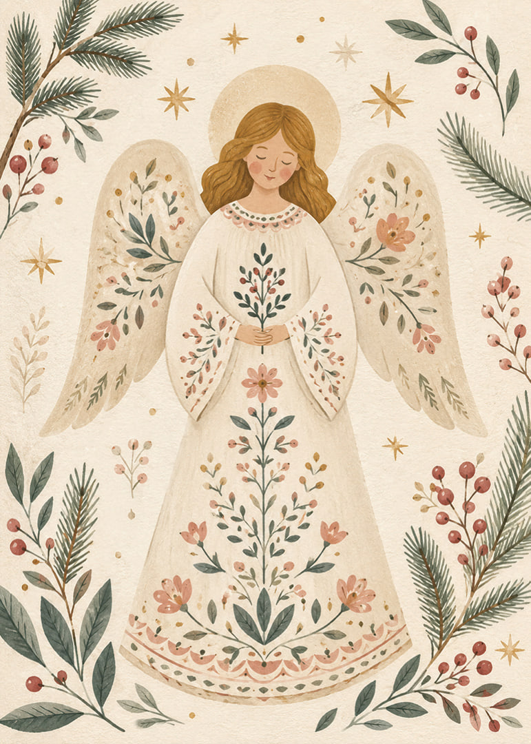 Un ángel sereno con un vestido de flores está rodeado de ramas de abeto, bayas y estrellas doradas.-12