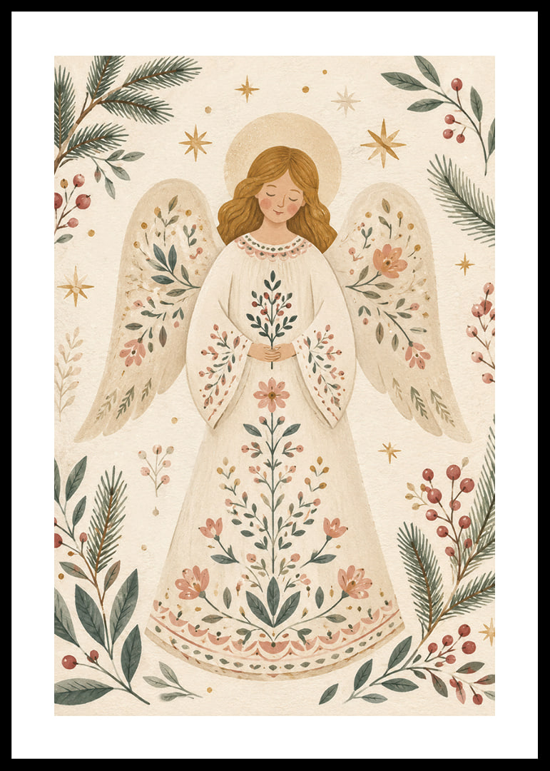 Un ángel sereno con un vestido de flores está rodeado de ramas de abeto, bayas y estrellas doradas.-12