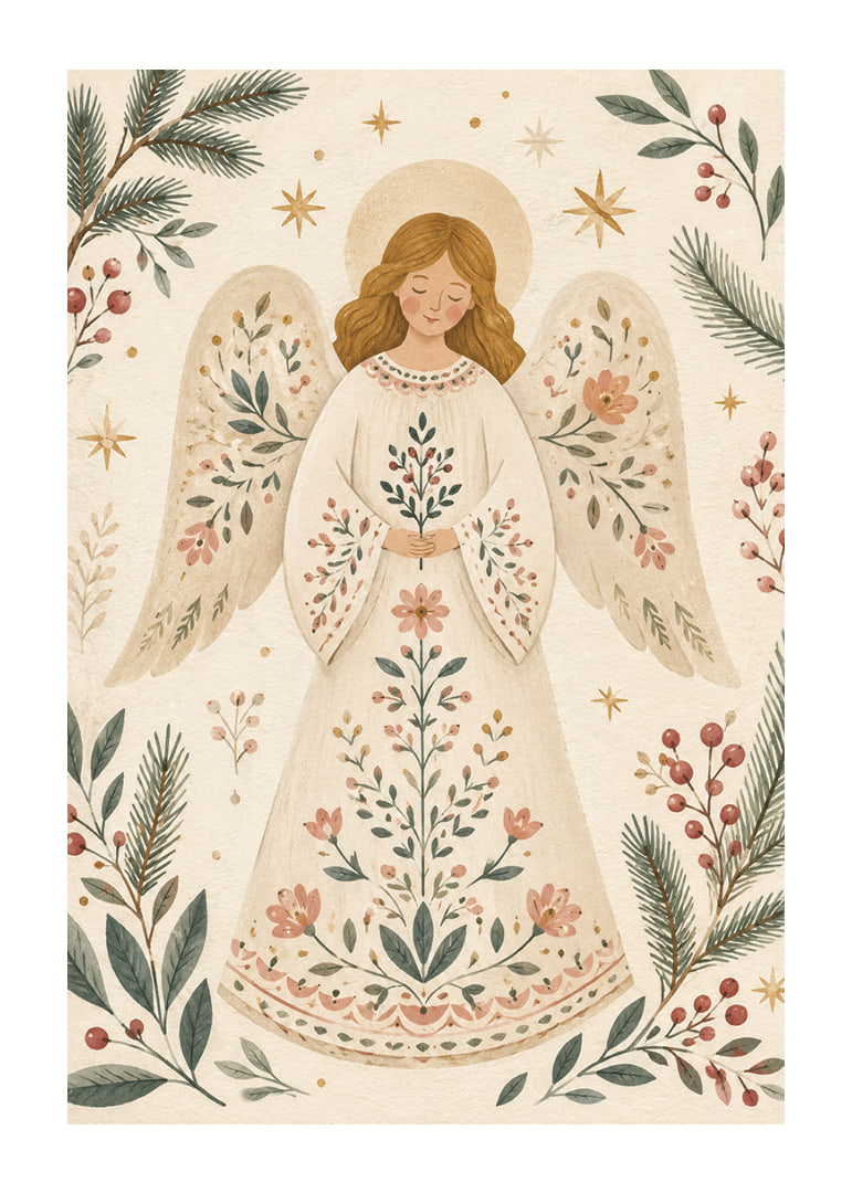 Un ángel sereno con un vestido de flores está rodeado de ramas de abeto, bayas y estrellas doradas.-12