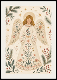 Un ángel sereno con un vestido de flores está rodeado de ramas de abeto, bayas y estrellas doradas.-2