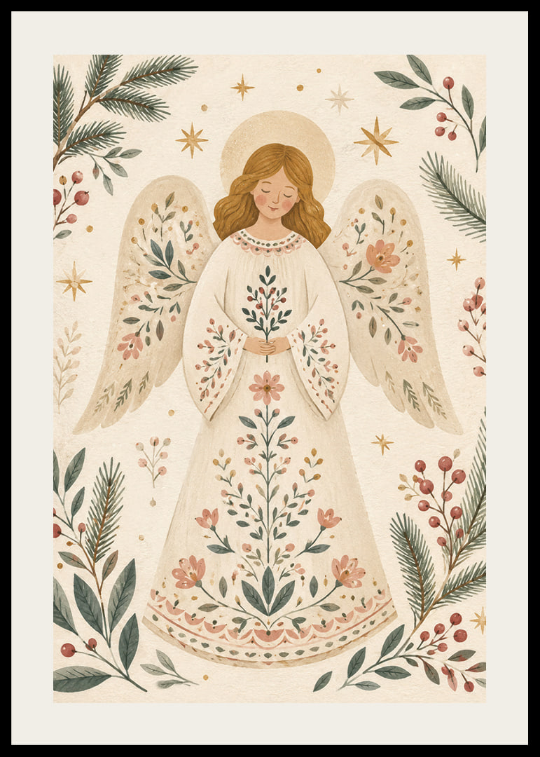 Un ángel sereno con un vestido de flores está rodeado de ramas de abeto, bayas y estrellas doradas.-12