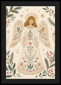 Un ángel sereno con un vestido de flores está rodeado de ramas de abeto, bayas y estrellas doradas.-4
