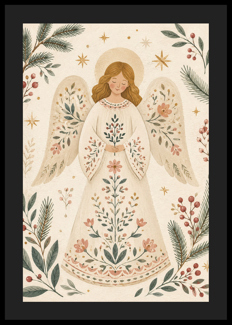 Un ángel sereno con un vestido de flores está rodeado de ramas de abeto, bayas y estrellas doradas.-12
