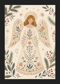 Un ángel sereno con un vestido de flores está rodeado de ramas de abeto, bayas y estrellas doradas.-5