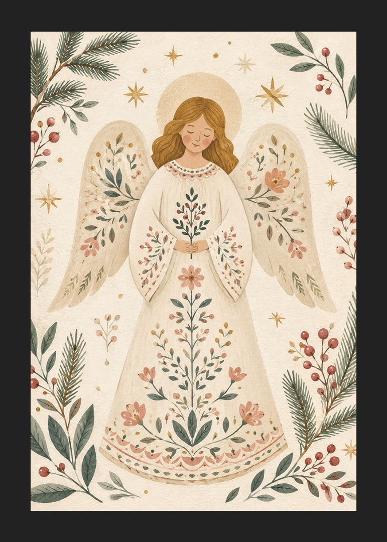 Un ángel sereno con un vestido de flores está rodeado de ramas de abeto, bayas y estrellas doradas.-12