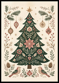 Un árbol de Navidad ornamentado con flores, pájaros y adornos en suaves tonos nórdicos.-6