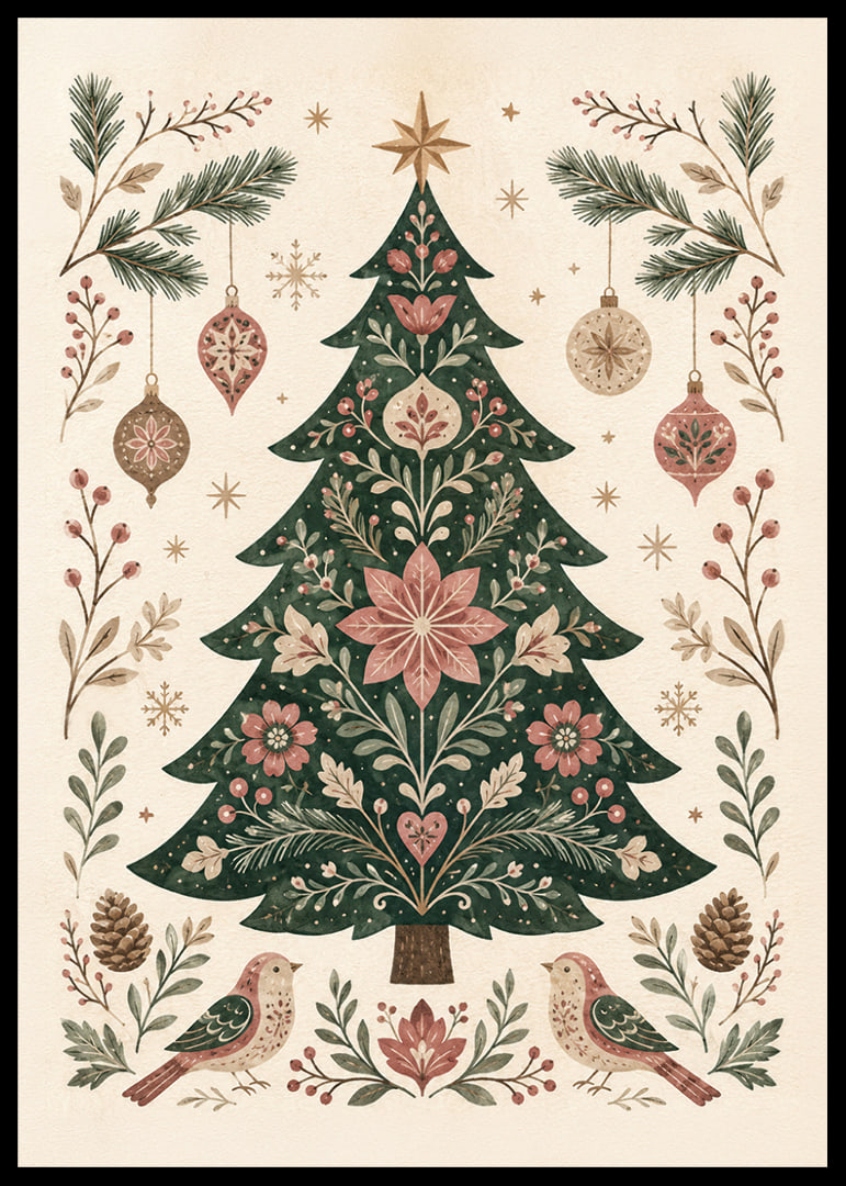 Un árbol de Navidad ornamentado con flores, pájaros y adornos en suaves tonos nórdicos.-12