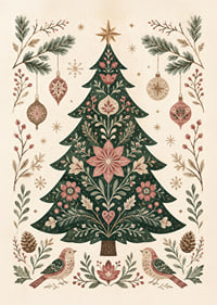 Un árbol de Navidad ornamentado con flores, pájaros y adornos en suaves tonos nórdicos.-7