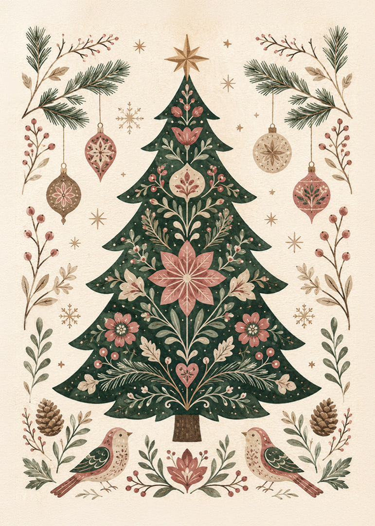 Un árbol de Navidad ornamentado con flores, pájaros y adornos en suaves tonos nórdicos.-12
