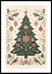 Un árbol de Navidad ornamentado con flores, pájaros y adornos en suaves tonos nórdicos.-0