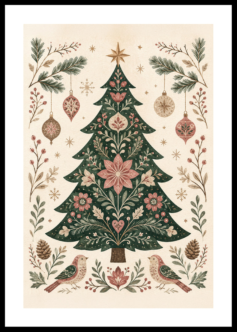 Un árbol de Navidad ornamentado con flores, pájaros y adornos en suaves tonos nórdicos.-12